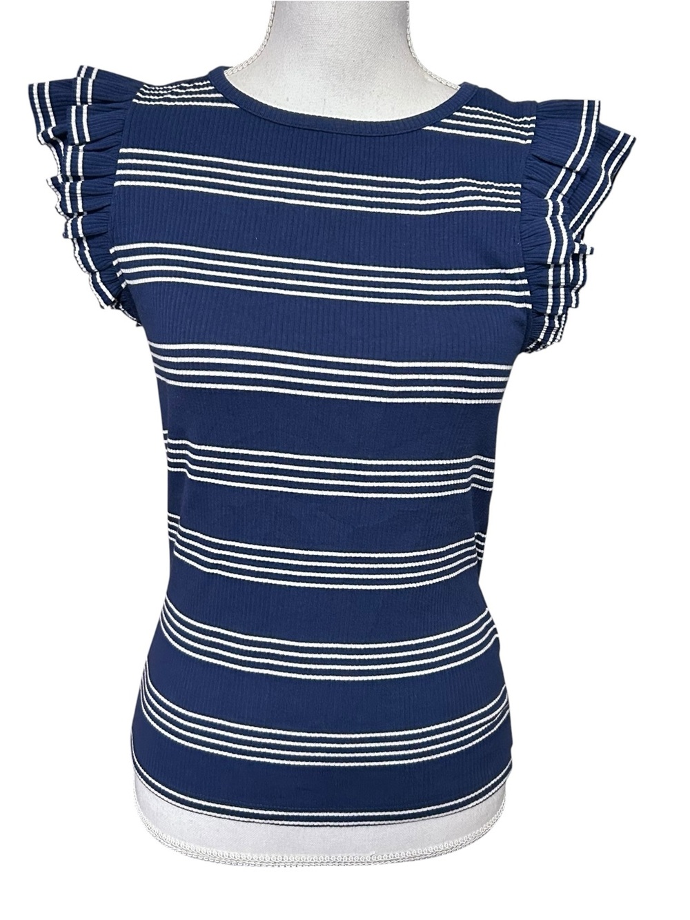 J. Crew Vintage Rib Ruffle Sleeve Shirt Stripe Womens S Classic Preppy Boho Navy
